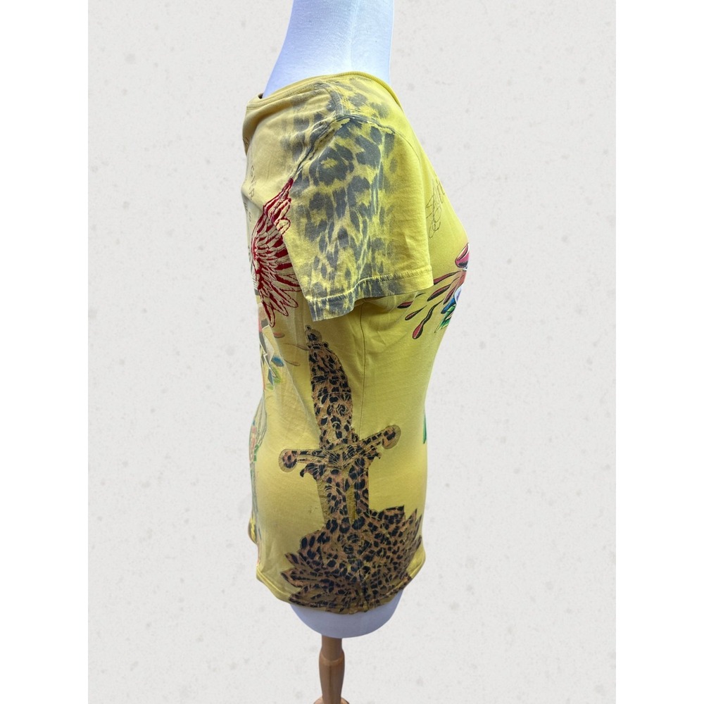 Christian Audigier Y2K Graphic Tee Leopard Crown Wings Yellow Top M Tattoo Art - Picture 3 of 16